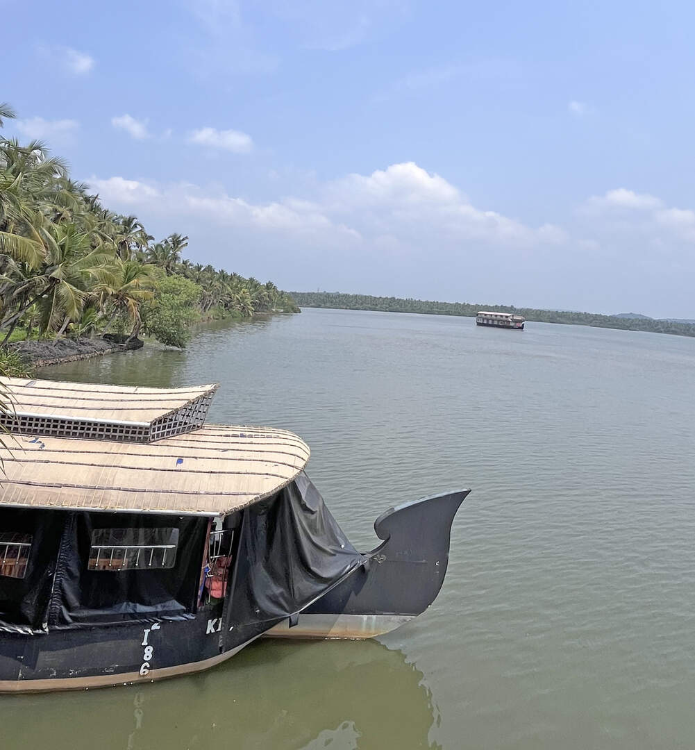 Smaller boat passing near island, viewed from Akalappuzha watch tower